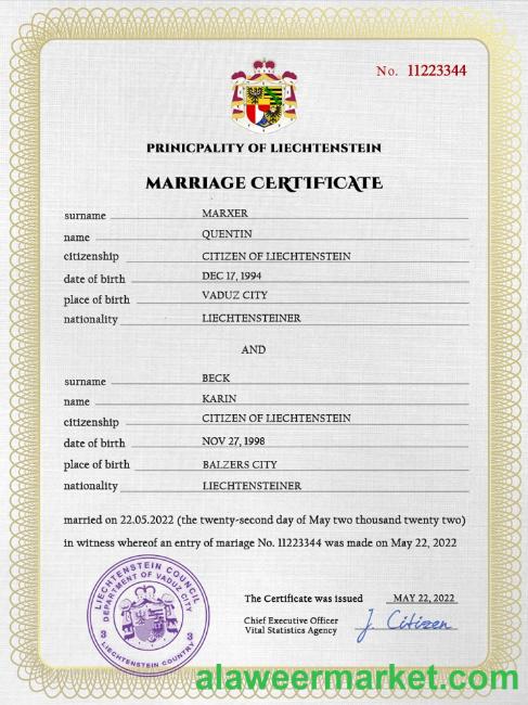 Liechtenstein marriage certificate PSD template